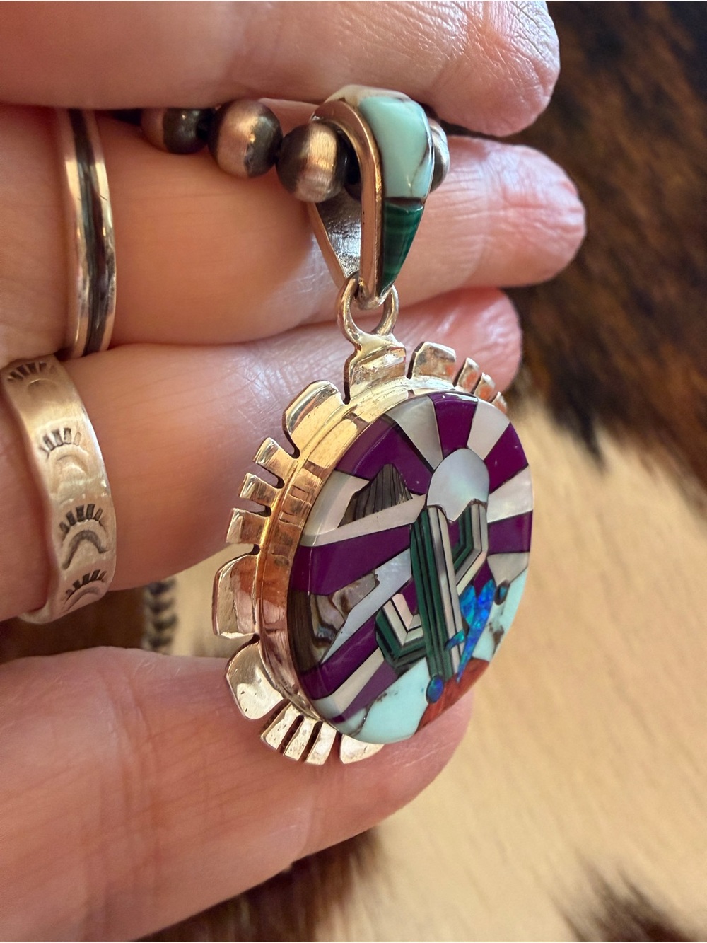 ❤️Signed “K” Galaxy Navajo Sterling Desert Scene Statement Pendant Unisex 1.89”L - Picture 5 of 14